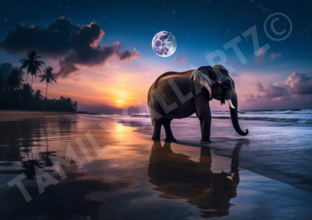 Meeting of the giants: The lone elephant and the Shining Moon on the beach